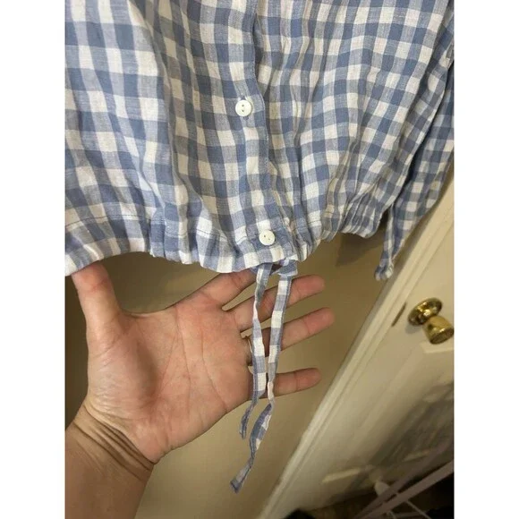 Talbots Top Women L Drawstring Blue Linen Gingham Plaid Long Sleeve Capsule VTG - Picture 9 of 12